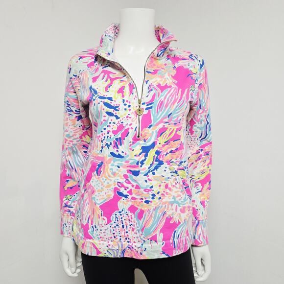Lilly Pulitzer Skipper Popover Size S Caught Up Fish Coral 1/2 Zip Pocket Prepp - Picture 1 of 10